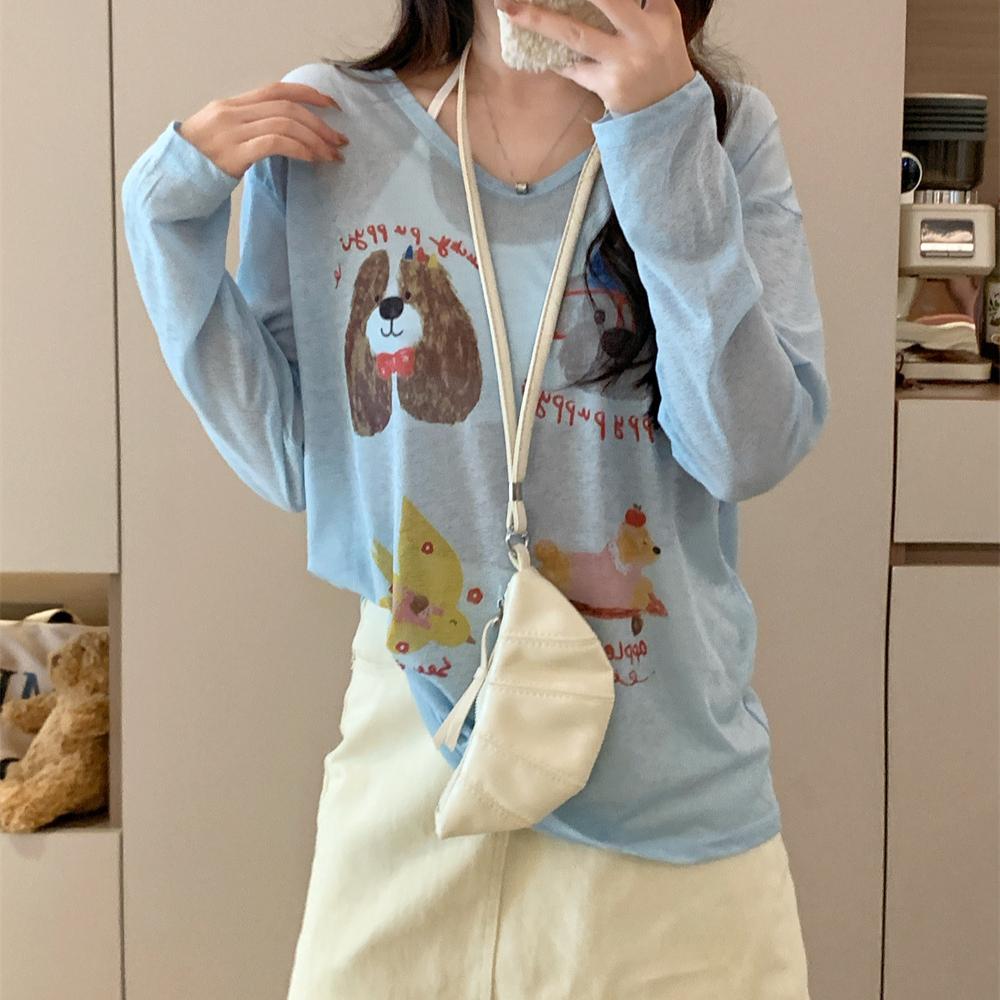Summer Funny Cartoon Long Sleeve T-shirts Women's Casual Loose Thin Slightly Transparent Sun Protection Cover Tops White T Shirt