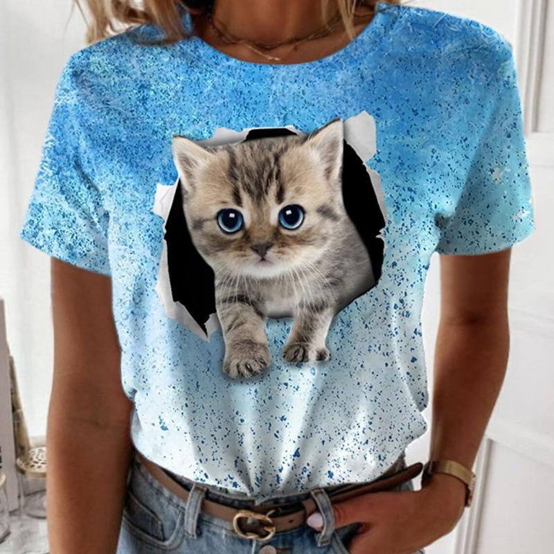 Sommar 3D-tryckt Katt Hund Kortärmad T-shirt Casual Lös Rund Hals Dammode Topp T-shirts Dam