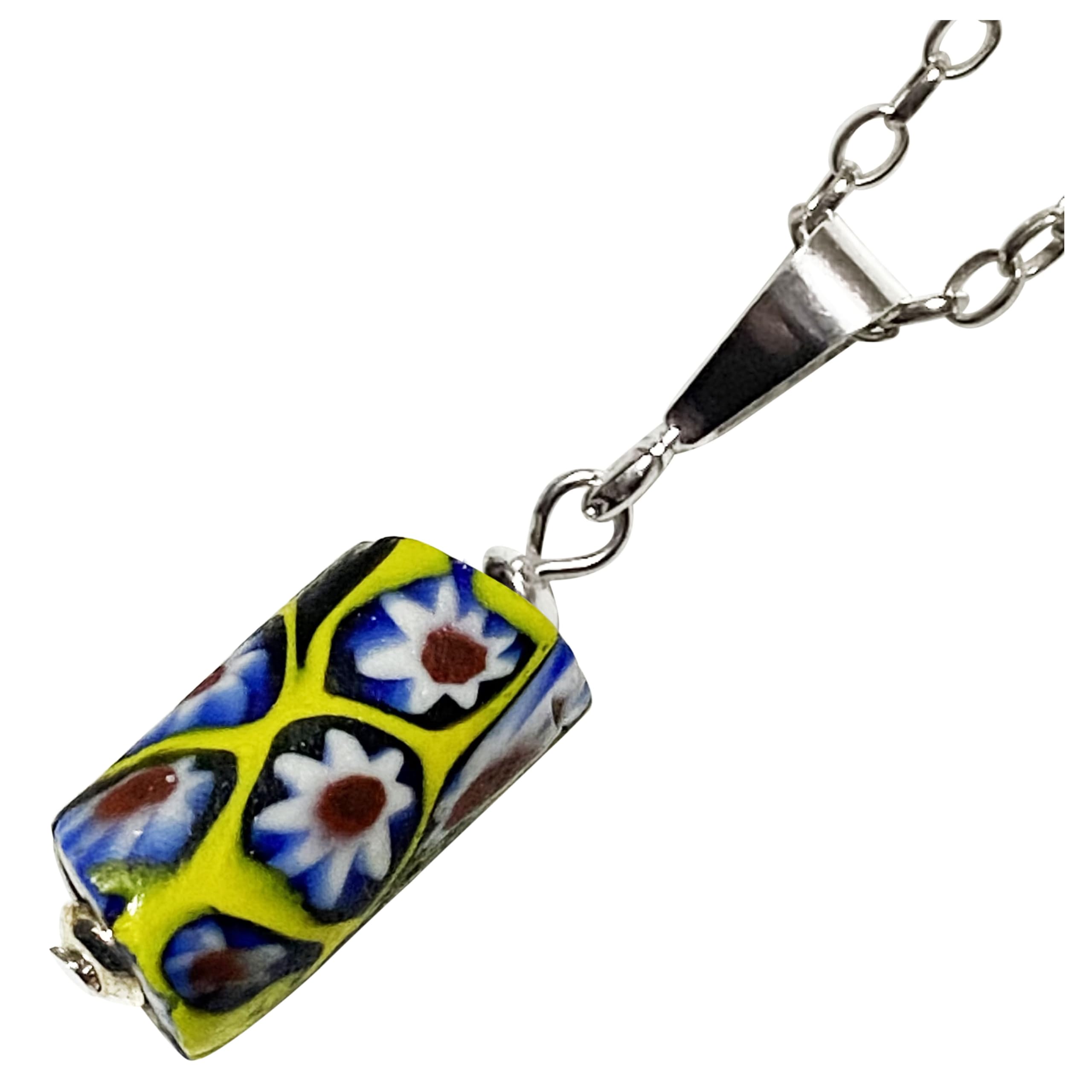 Venetian Lampwork Bead Antique Beads SILVER925 Pendant Necklace Millefiori Venetian Trade Beads European Handmade Bead Necklace Roll Chain 40cm