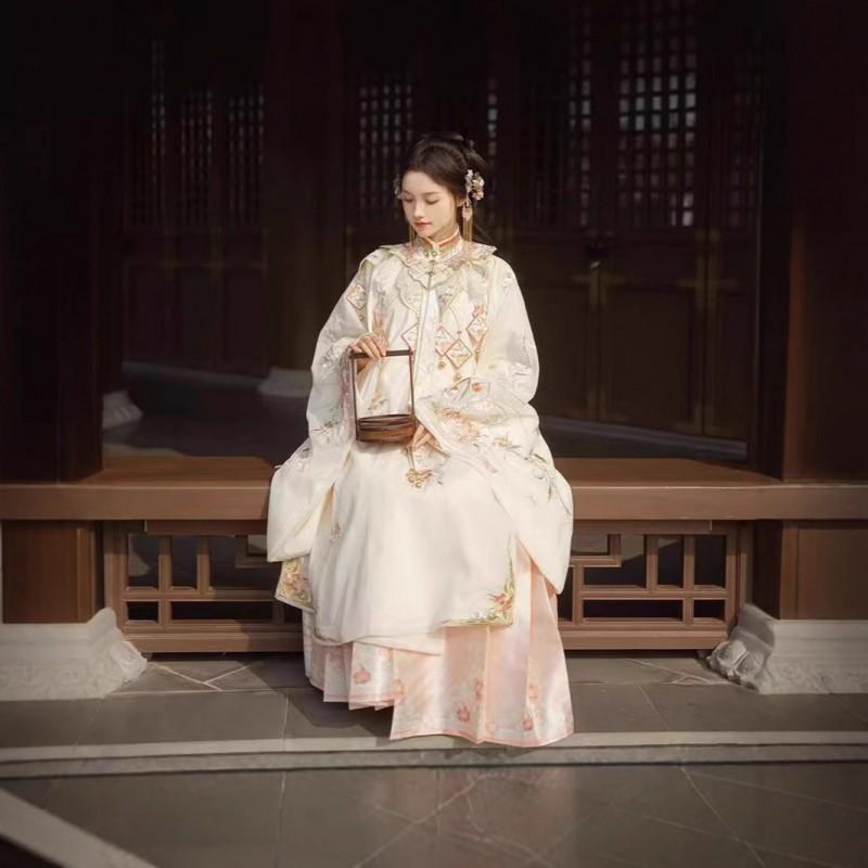Ming Dynasty Style Hanfu Set Women Embroidered Yunjian Stand Collar Top Horse-Face Skirt Winter Wear