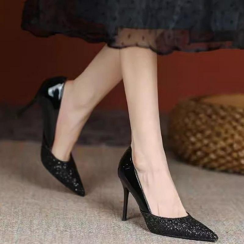 FHC 2025 New Sequince Cloth Spring Office Work Shoes,Women Pumps,High Heels.Pointed Toe,Slip On,Black,Champagne,34-40,Dropship