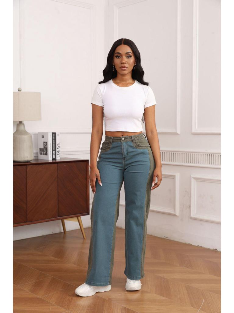 Elastic Contrast Color Washed Wide-Leg Denim Pants