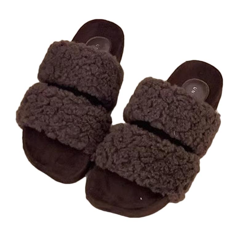 Fur Flats Women Slippers Designer Square Toe Short Plush Casual Shoes 2025 Trend Walking Cozy Home Winter New Mujer Zapatillas