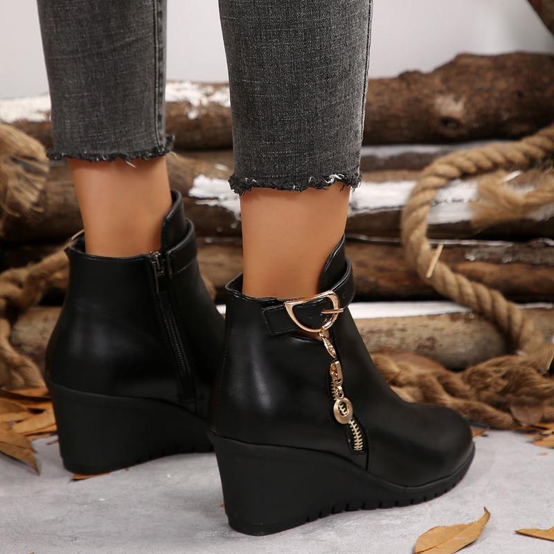 Fashion Winter Fashion Side Zip Short Barrel Women's Boots Round Toe Black Botas Classics Wedges Chuny Heels Ankle Boots Anti-Skip Shoes
