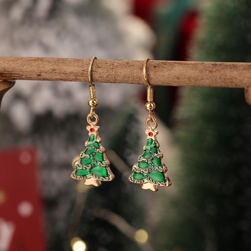 New Christmas Drip Oil Stud Earrings: Red & Green Tree, Snowman, Boots, Bells – Cute Cartoon Jewelry