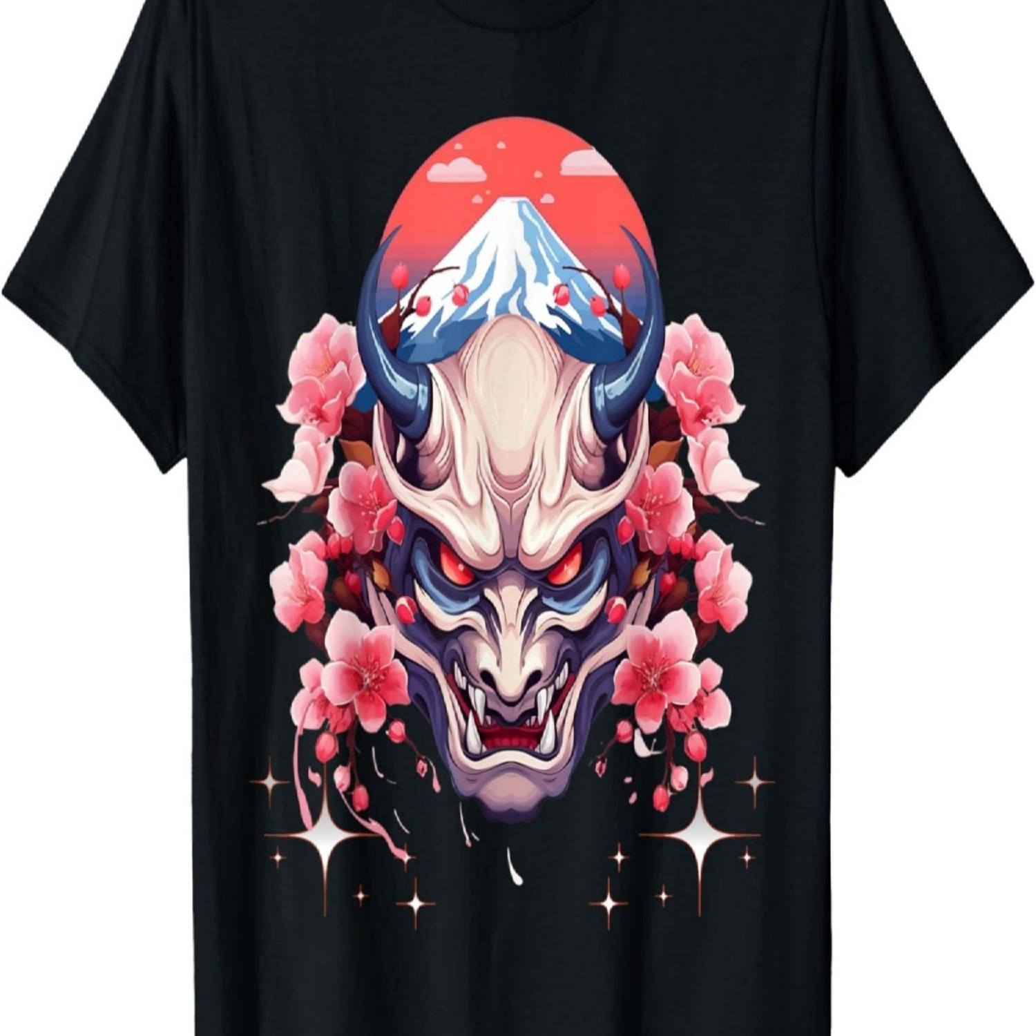 Yokai Oni Mask  Anime Blossom Cherry Flower T-Shirt(16) S