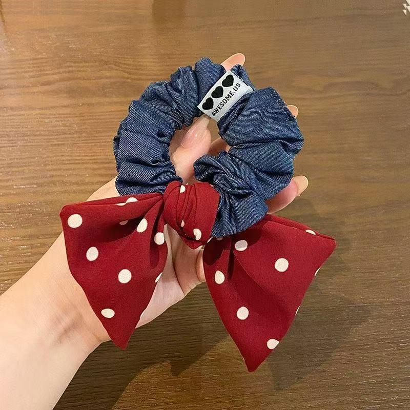 

Retro Polka Dot Denim Hair Ties Elastic Cuff Lazy Girl Bun Hair Accessories High Elasticity Low Ponytail Hair Bands for Women