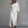 Women's One Shoulder Long Sleeve Maxi Dress, Casual Cotton Linen Long Tunic Dress, Side Slit Summer Loose Dress with Pockets