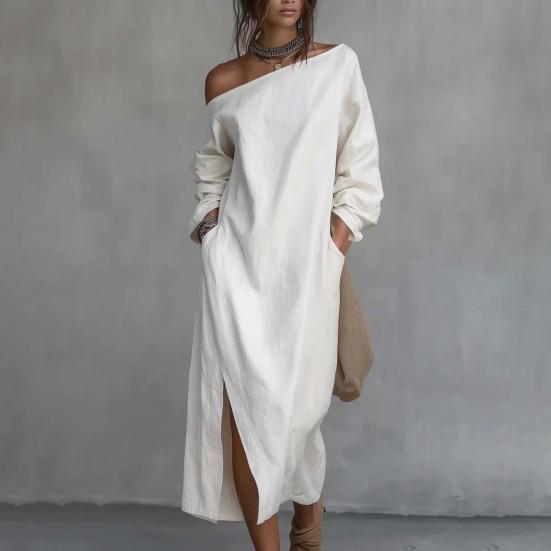 Women's One Shoulder Long Sleeve Maxi Dress, Casual Cotton Linen Long Tunic Dress, Side Slit Summer Loose Dress with Pockets