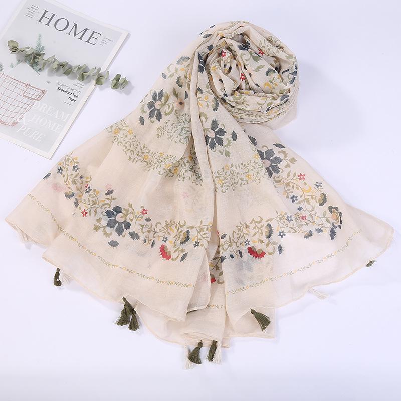 Sciarpa Boho da donna, leggera, con stampa floreale, scialle con frange, moda autunno inverno