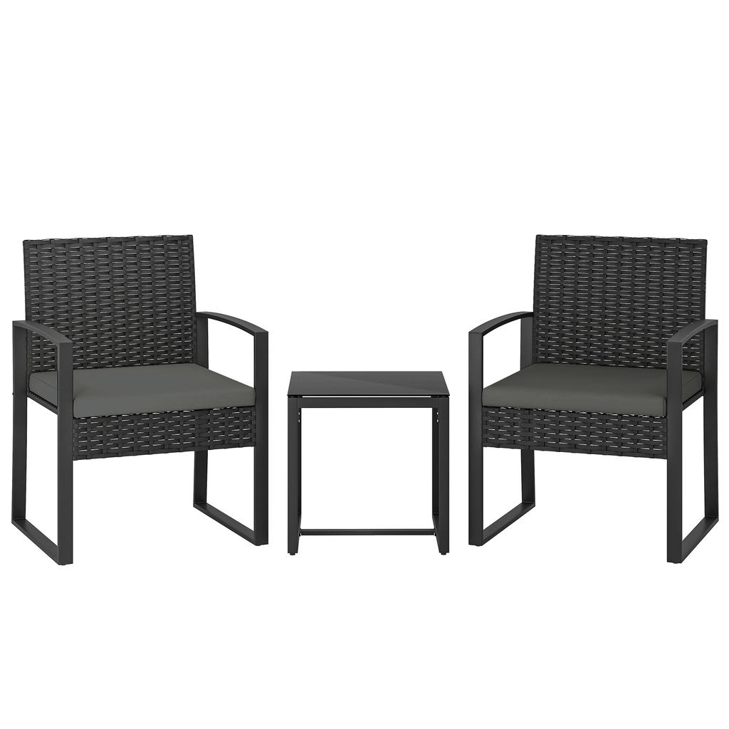 Rattan Bistro Set, 3-Piece Garden Furniture Set with 2 Garden Chairs, Coffee Table, Removable Cushions Dark Grey