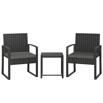 Rattan Bistro Set, 3-Piece Garden Furniture Set with 2 Garden Chairs, Coffee Table, Removable Cushions Dark Grey