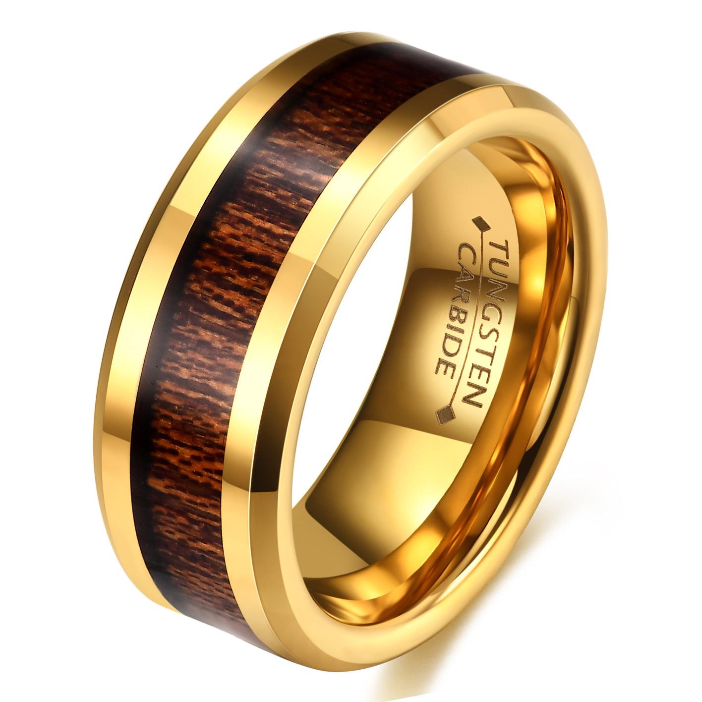 8MM Wood Grain 18K Gold Tungsten Steel Men s Ring - Personalized Hot Selling Jewelry Size 7
