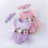 Infant Baby Flower-Embroidered Romper Mesh Dress with Headband