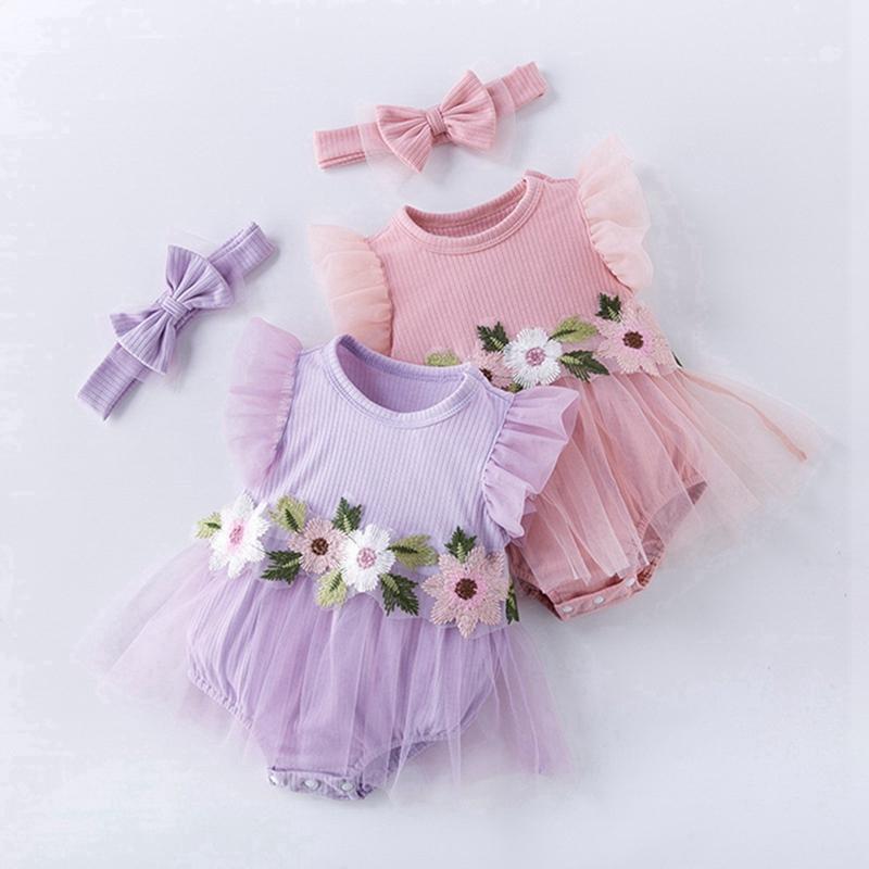 Infant Baby Flower-Embroidered Romper Mesh Dress with Headband