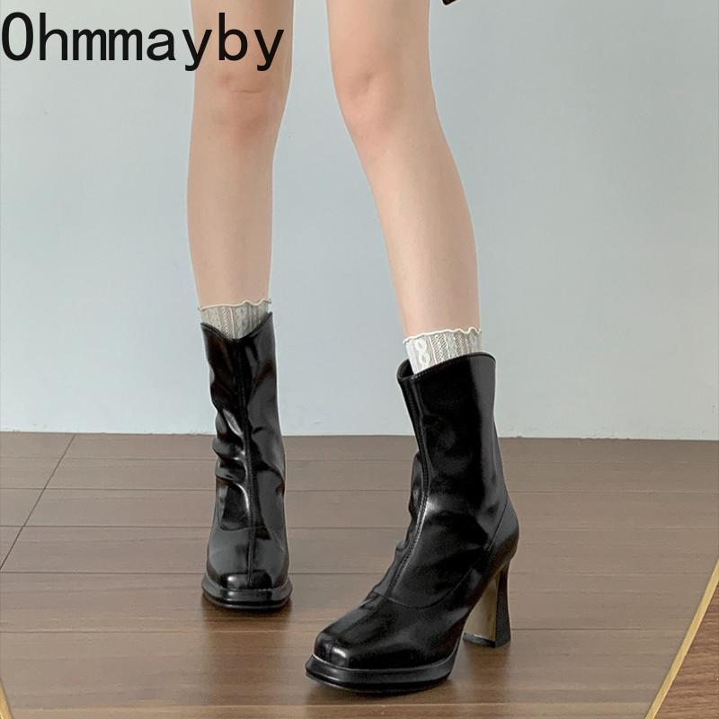 Winter Platform Thick Heel Women Ankle Boots Fashion Square Toe Zippers Shoes Female Stretch Slim Short Booties  De Muje