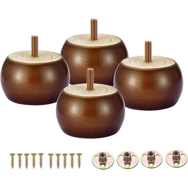 4PCS Walnut Solid Hardwood Round Bun Feet 2inches with M8 Bolt Predrilled for Furniture Ottoman Couch Cabinet Sofa Legs