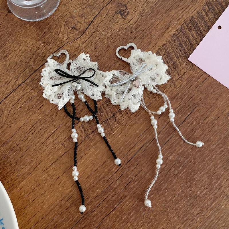Ins Sweet Style Lace Bowknot Keychain Y2K Aesthetic Imitation Pearls Tassel Bow Keyring Exquisite  Bag Charms Key Pendant
