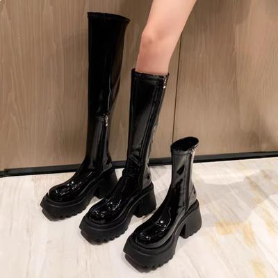 Patent Leather Waterproof Platform Thick-soled Short Boots Heightening Long Boots Women's Thick Heel Knee Boots Women's High Boots Elastic Boots Wome