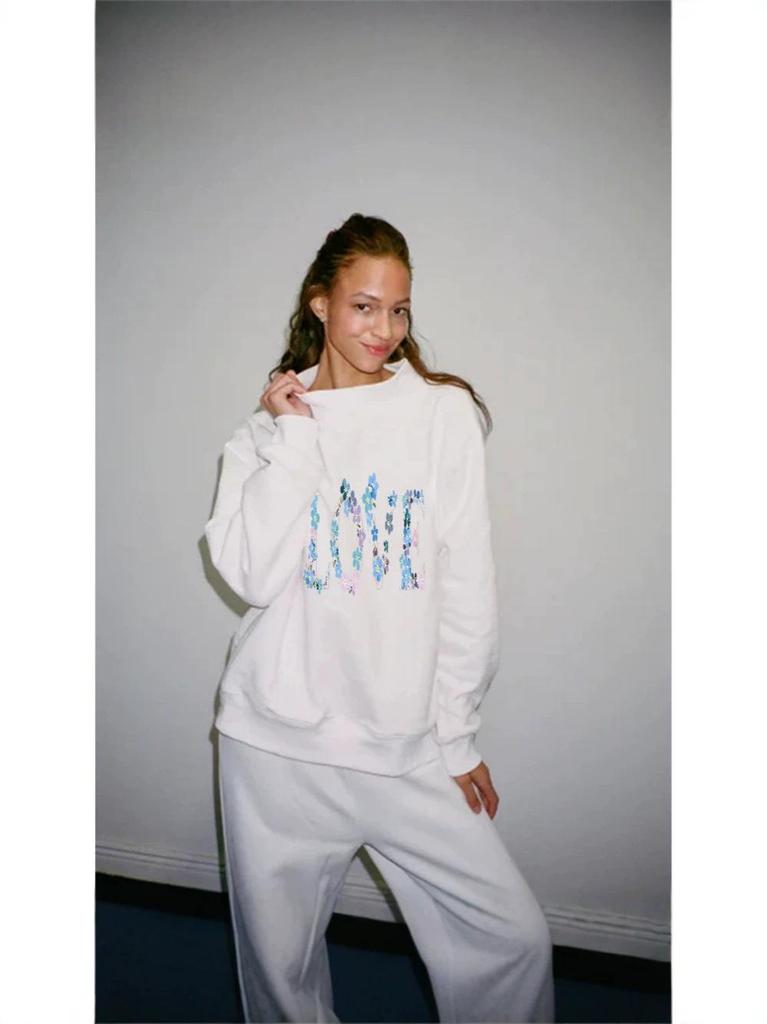 Women's Autumn Heavyweight Loose Fit Hot Stamped Mid-High Neck Sweatshirt