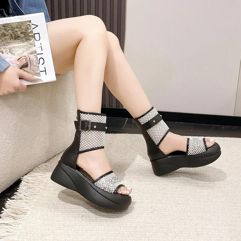Women's Sandals Mesh Upper Platform Sole Zipper Rhinestones Womens Shoes Dress Heel Wrap Personality Roman Sandalias De Mujer