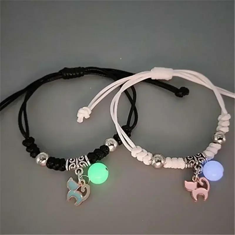 2PCS Luminous Beads Star Couple Bracelet for Women Men Charm Cat Flower Heart Key Lock Cross Matching Friend Bracelets Jewelry