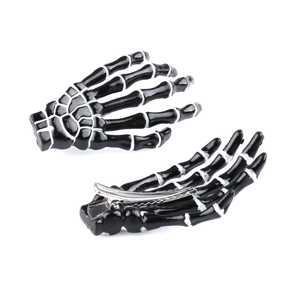 2PCS Women Harajuku Skull Skeleton Hand Hair Clip Bone Claw Hairpin Halloween Hair Accessories