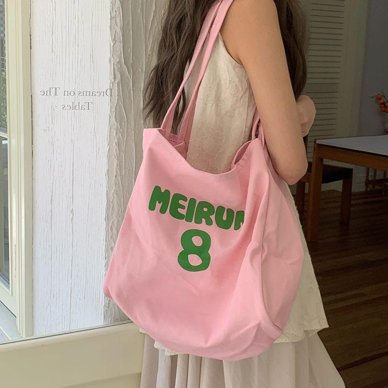 Niche Design and Fashionable Canvas Tote Bag New Pink Letter Commuting Versatile Large Capacity Shoulder Bag