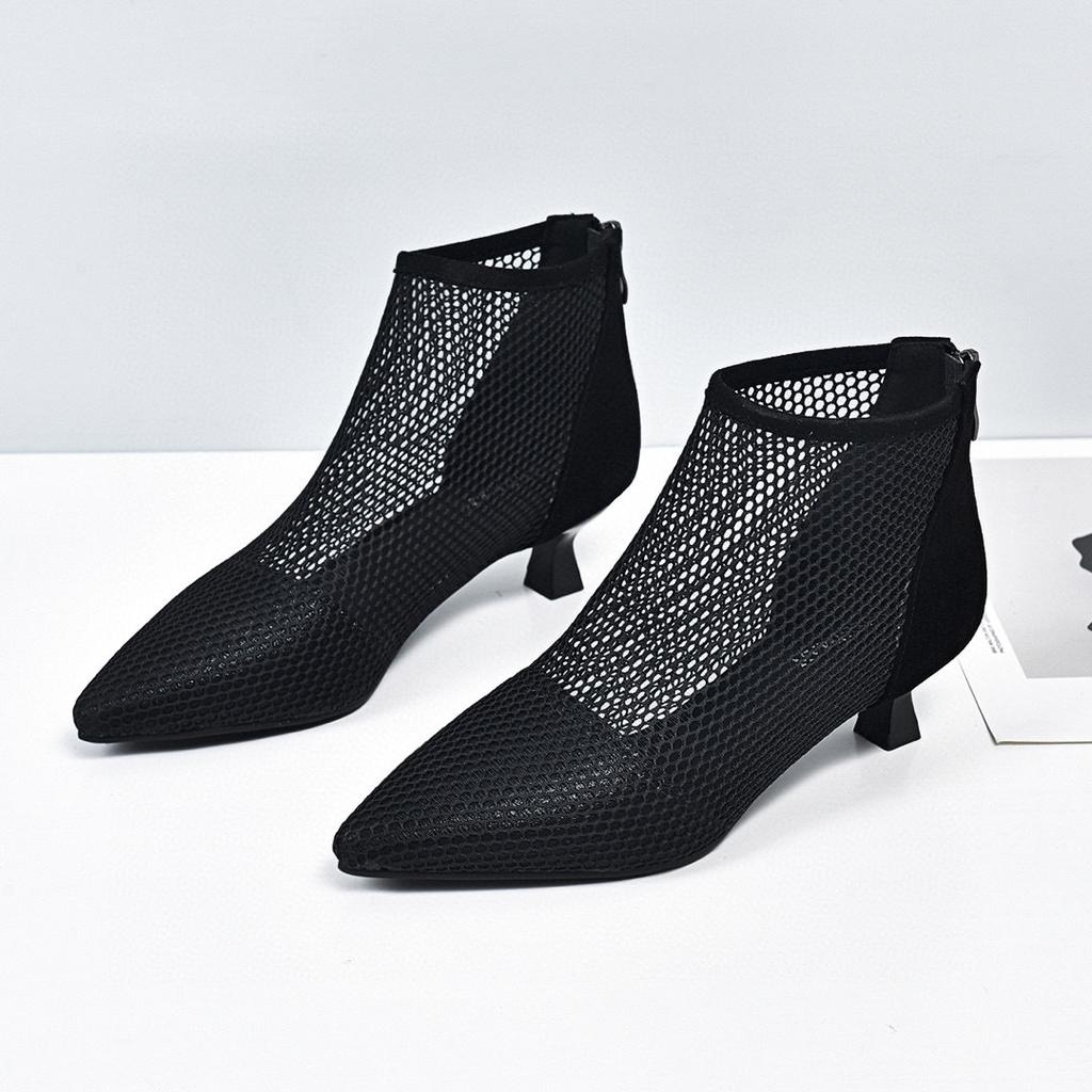 High Heels Damen 2025 Frühling neu Europäischer und Amerikanischer Stil feiner Absatz spitz zulaufend Mesh Römersandalen Netzstiefel atmungsaktive kleine Stiefel Einzelne Schuhe