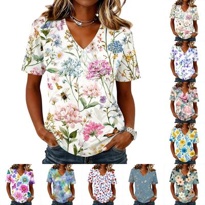 Women’s V Neck Short Sleeve Floral Print T Shirt Casual Loose Fit Lightweight Top for Daily Wear and Outdoor Activities