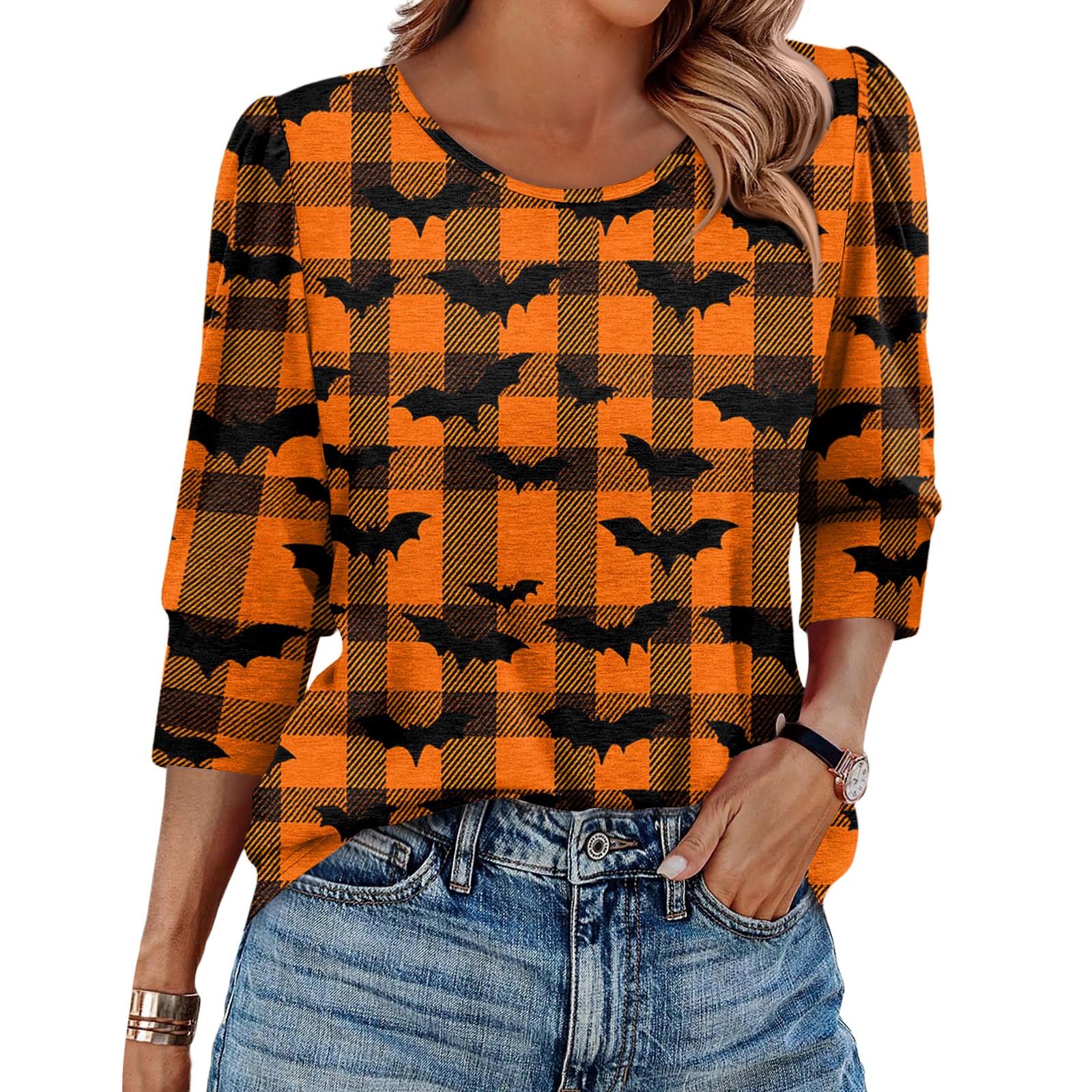 

Женская модная повседневная футболка с круглым вырезом, рукавом три четверти и принтом на Хэллоуин XXXL оранжевый