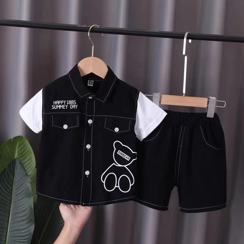 

Kids Casual Denim Style Clothing Set Bear Print Button Down Shirt & Elastic Waist Shorts 80cm чорний