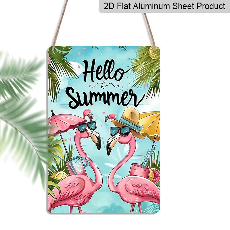 

2D Flat, 1pc Hello Summer Flamingo Metal Wall Art Sign - 8*12 Inch Aluminium Tropical Patio Decor, Cute Pink Flamingo with Sunglasses & Drinks 20*30cm