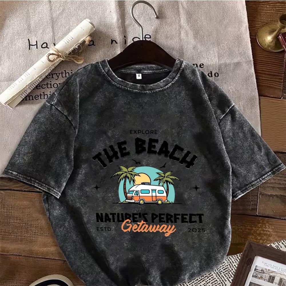 Vintage Gewaschenes Schwarzes Oversized T-Shirt Retro Strand Wohnmobil Camping Druck Baumwolle Kurzarm Rundhals T-Shirt