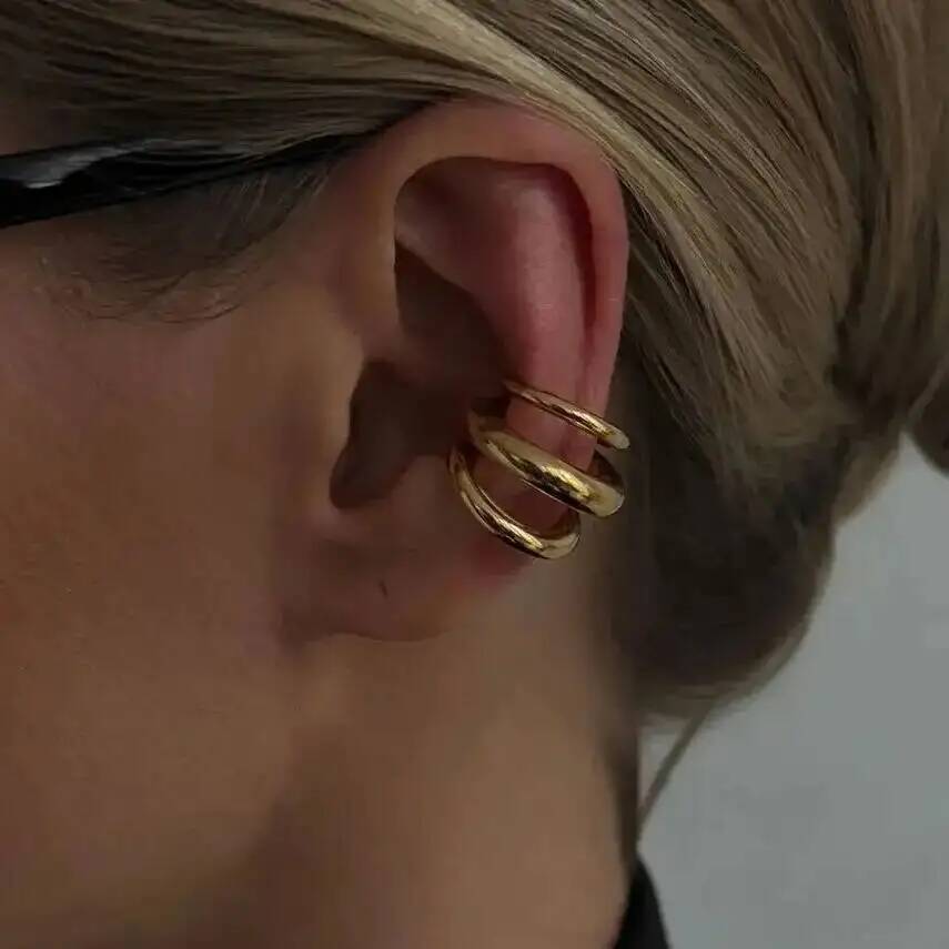 SHIXIN Minimalist Stainless Steel Chunky Triple Ring Clip-On Earrings Women Punk Non-Piercing Ear Cuffs Cartilage Trendy Jewelry