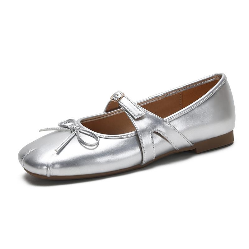 Srebrny temperament retro pojedyncze buty francuskie baletki damskie kokarda kwadratowy nosek lekkie usta miękkie płaskie buty Mary Jane damskie