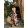 Bohemian ethnic style print suspender skirt women's loose leisure vacation dress beach front and rear wear