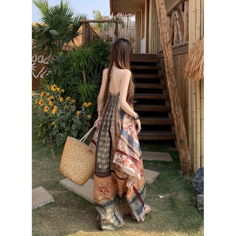 Bohemian ethnic style print suspender skirt women's loose leisure vacation dress beach front and rear wear