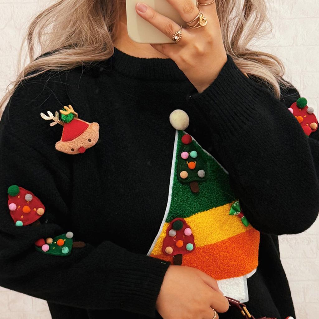 Damski Modny Świąteczny Sweter z Długim Rękawem z Okrągłym Dekoltem