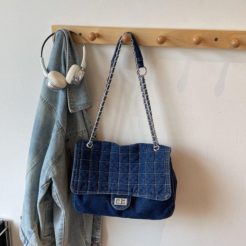 

Винтажная джинсовая сумка большой вместимости женская новая трендовая простая сумка-багет на цепочке через плечо модная сумка-мессенджер темно-синий