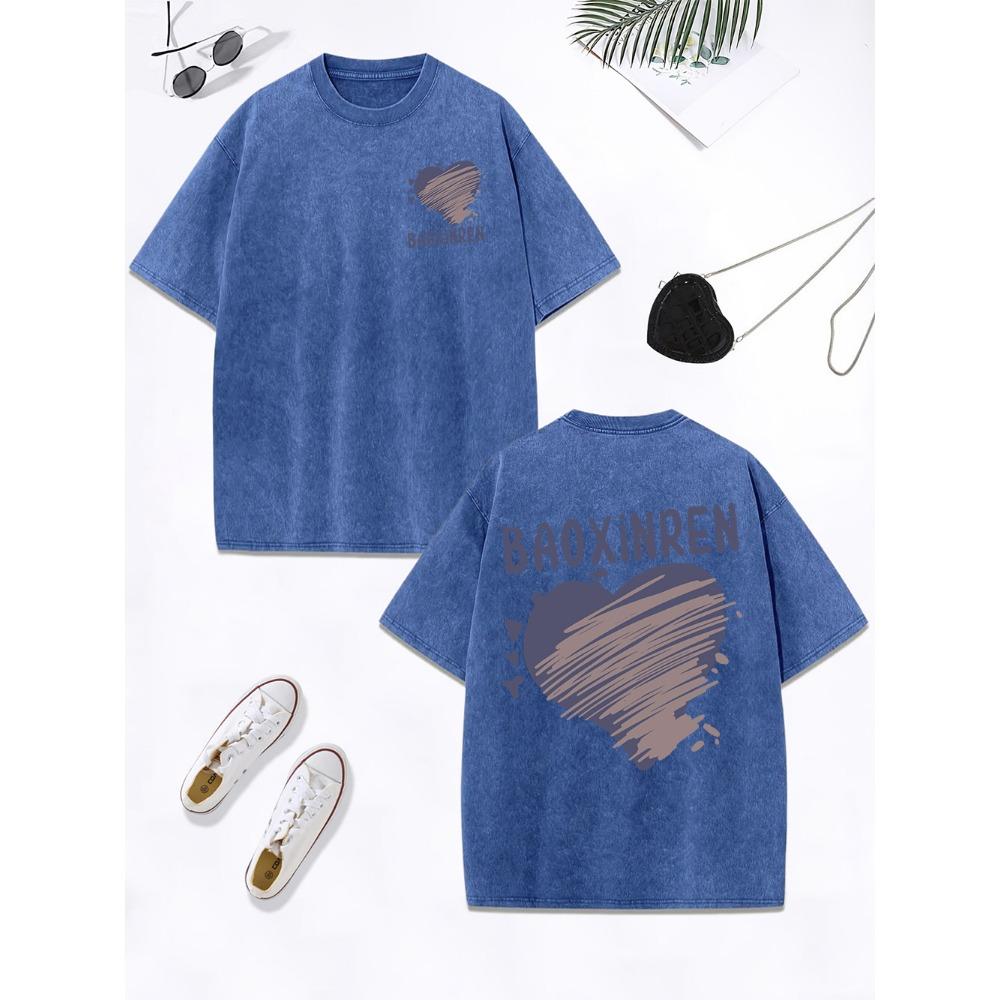 Personalized Graffiti Love Prints Washed T-Shirt Womens Cotton Oversized Tops Street Distressed O-Neck Clothes