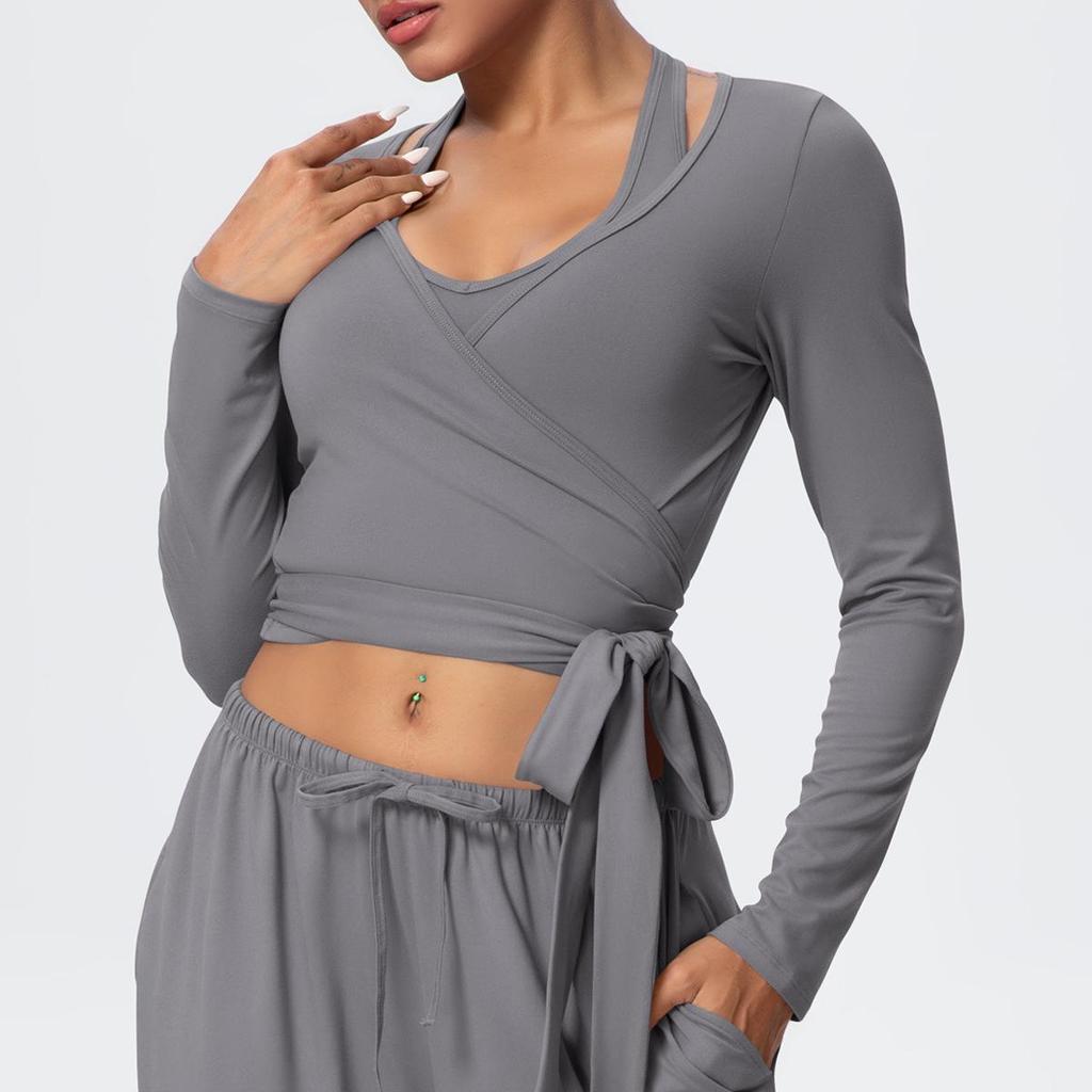 Brushed Long Sleeve One-Piece Tie-Up Yoga Wear for Outdoor Sports