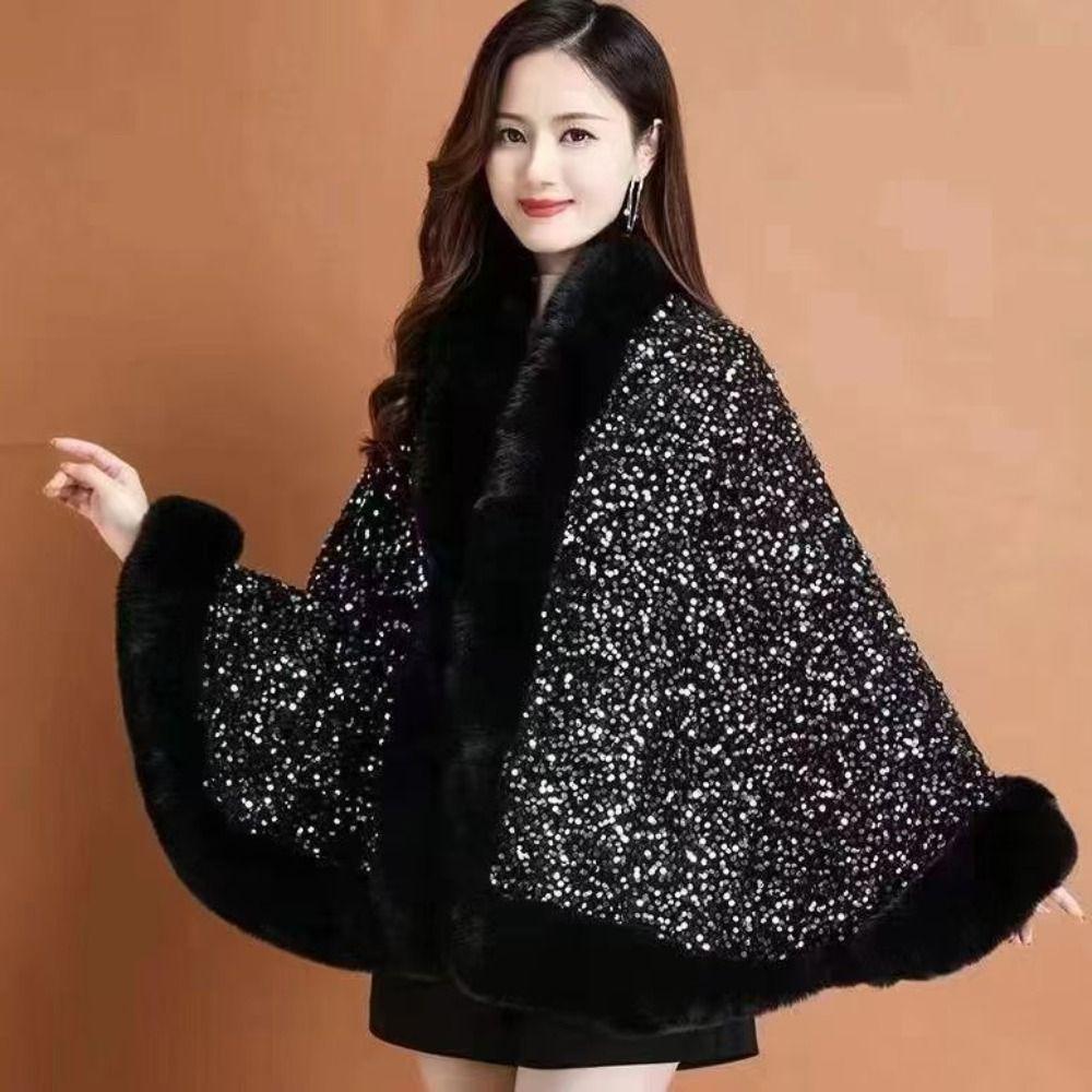 Warm Plush Shawl Autumn Winter Thicken Cardigan Soft Fur Collar Sequined Shawl