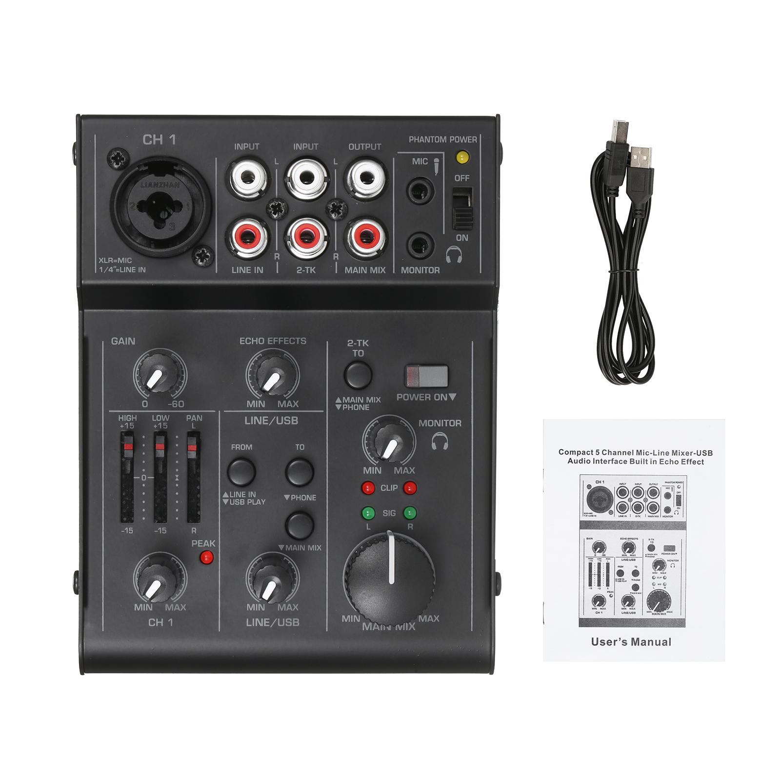 

5 Channel Mixer Sound Board Mixing Console DJ Mixing Console Metal 2 Band EQ High Low PAN Control Mixer for Live Streaming