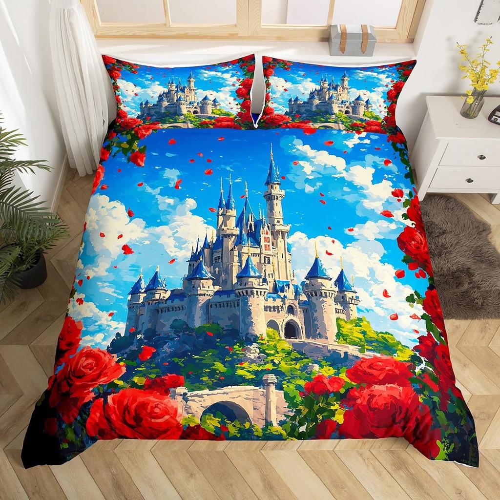 Castle Duvet Cover Sets For Girls Queen Twin Size Lightweight Down Quilt Covers Room Decor 2 Pillowcases 1 Duvet Cover No Quilt