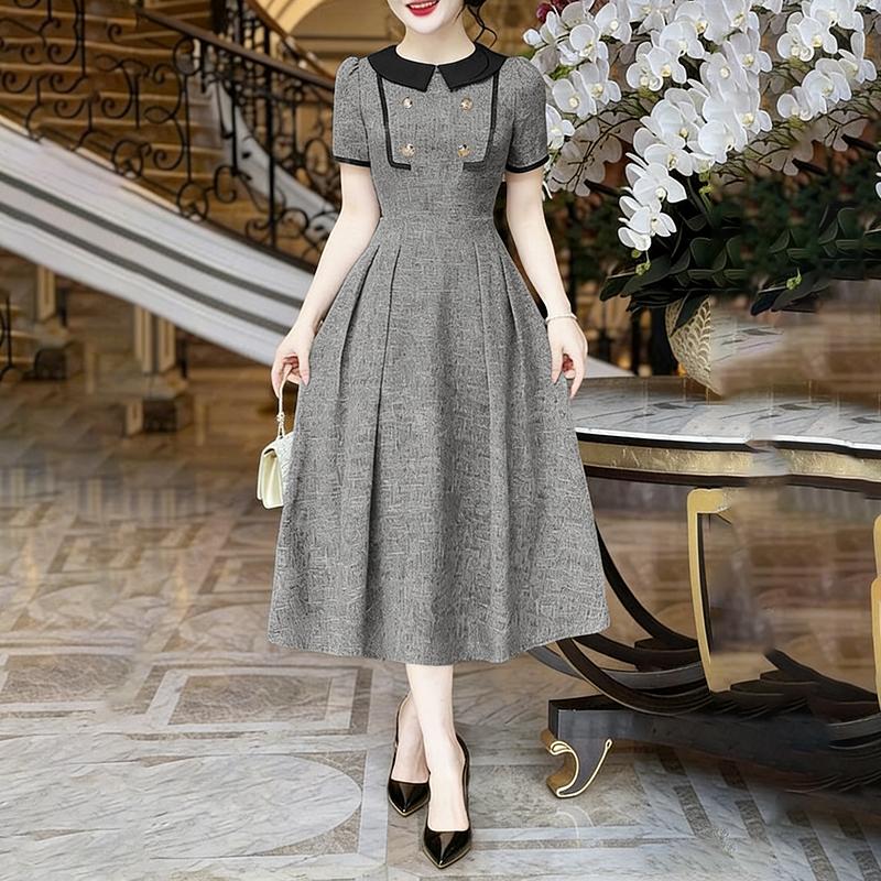 ZANZEA Women Casual Doll Collar Summer Short Sleeve Elegant A-line Dress M серый