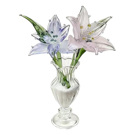 Mini Glass Flower Figurine Hand Blown Small Faux Crystal Carnation/Lily/Peony Flower Bouquet In Vase for Mother's Day Birthday Table Centerpiece