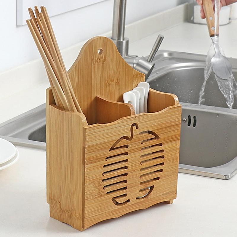 Kitchen Wooden Drain Chopsticks Cage Cutlery Hollow Drainer Storage Rack Spoon Chopstick Organizer Home Accessories