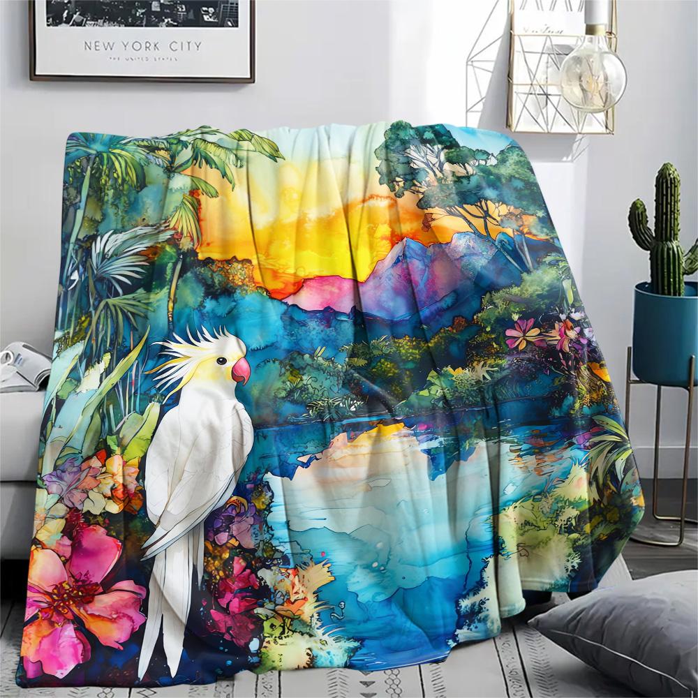 Rainforest Parrot Print Flannel Blanket, High Quality Comfortable for All Seasons, Home Decor, Warmth and Comfort, Perfect for Christmas Gifts