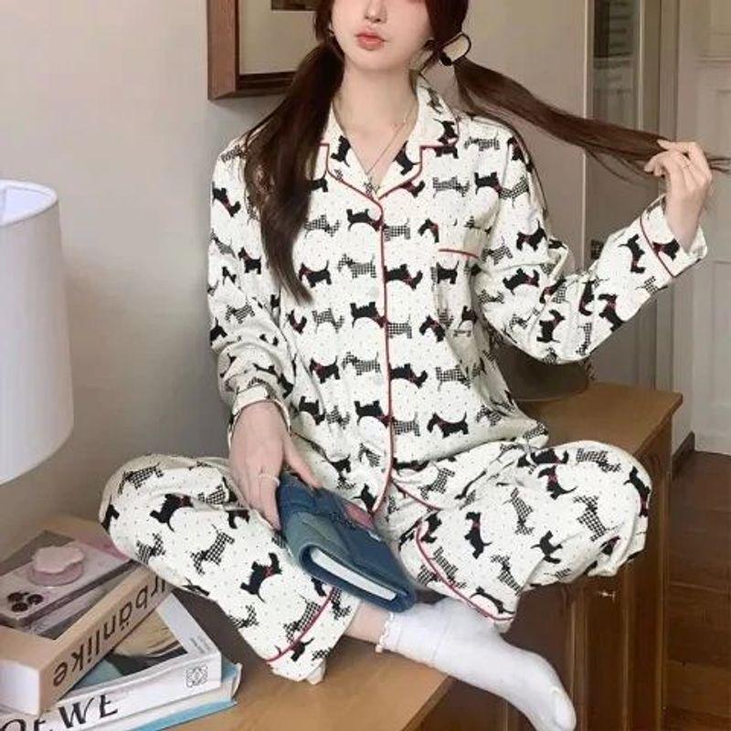 

Collar Bound Long Pants Pajama Set Lapel Hemming Pants Pajamas Buckle Suit C YX 34114 XXL(XXL)